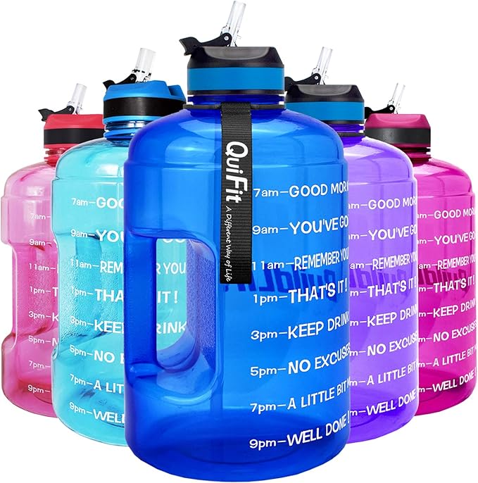 QuiFit Motivational Gallon Water Bottle - with Straw & Time Marker BPA Free Large Reusable Sport Water Jug with Handle for Fitness Outdoor Enthusiasts Leak-Proof