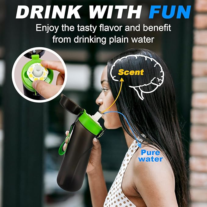 Air Water Bottle with Flavor Pods, 25 OZ Tritan Sports Water Bottle with Straw, Scented Water Bottle with Handle (Black Green+4 Flavor Pods)