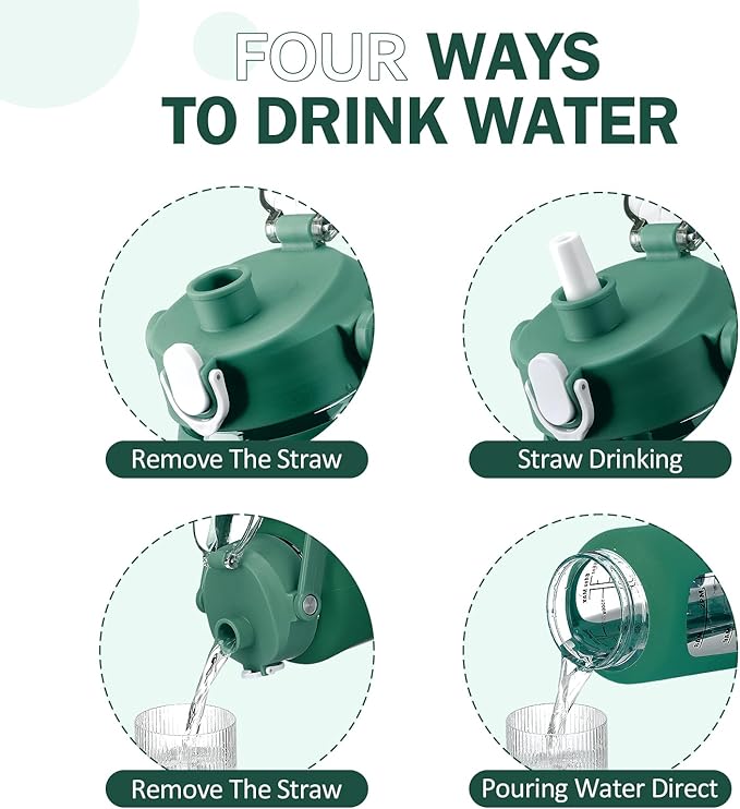 kytffu 64oz Glass Water Bottles with Straw, Half Gallon Motivational Glass Bottle with Silicone Sleeve and Time Marker, 2L Leakproof Large Glass Water Jug for Gym Home Office, Ink Green