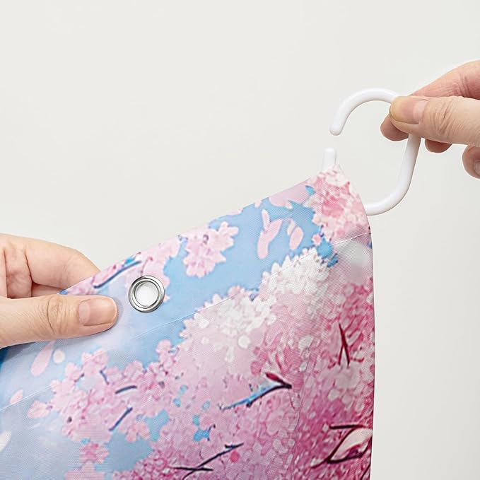 AILONEN Lovely Cat Shower Curtain Set, Pink Cherry Blossom Waterproof Fabric Shower Curtain for Kids Boys Girls,Fat Kitty Cloth Shower Curtain for Bathroom,72" W*78" H