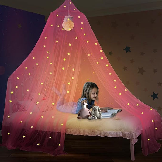 South to East Princess Bed Canopy for Girls with Glowing Stars, Pink Canopy for Girls Room, Bed Canopy Curtains from Ceiling for Twin Beds, Full Size Beds, Ideal Gift for Girls, Fire Retardant Fabric