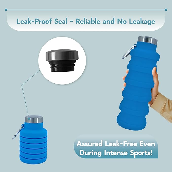 Collapsible Water Bottles 17oz, Odorless BPA-Free Silicone, Leak-Proof Foldable Reusable Bottle - Perfect for Travel Sports Gym Hiking Camping Cycling - Light Blue