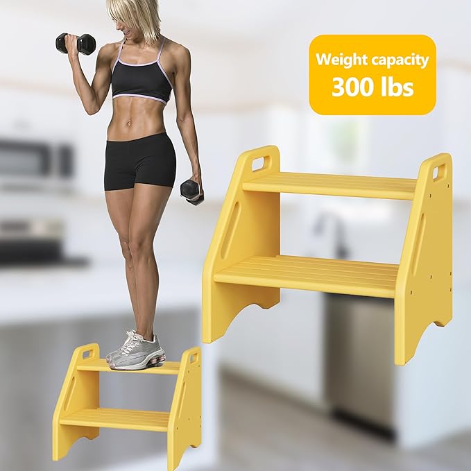 AMBIRD Wooden Step Stool, Two Step Stools Toddler 400 lbs Capacity with Safety Non-Slip Pads and Handles, Bamboo Step Stool for Bathroom, Kitchen Step Stools Dual Height Step Stools for Kids (Yellow)