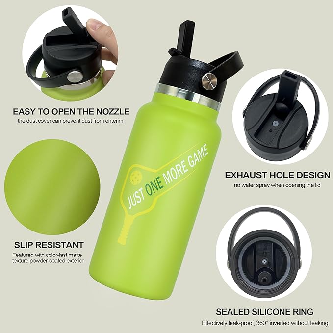 Pickleball Water Bottle 32 oz, Gifts for Pickleball Lovers, Wide Mouth Vacuum Insulated Sports Bottle with 2 Leakproof Lids, Stainless Steel Cup with Straw for Cold Drinks