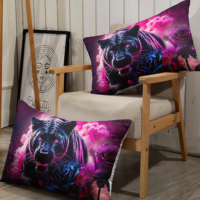 AILONEN Black Panther Fitted Sheet Set Queen Size,Red Rose Romantic Smoky Lightning Leopard Print Bed Sheet Set,Safari Animal Cheetah Fitted Sheet and 2 Pillowcases,3 Pieces