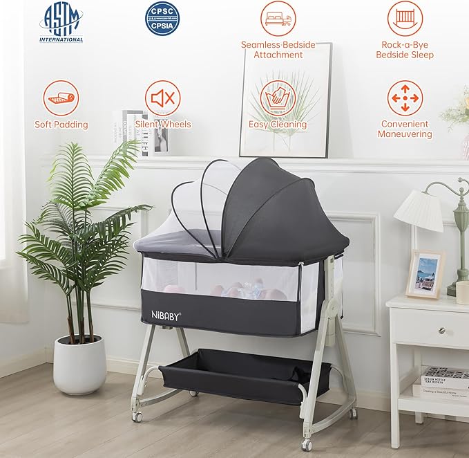 Multifunctional 3-in-1 Baby Bassinet for Bedside Sleep, Nursing & Rocking - Adjustable Height, Breathable Mesh, Portable Design with Mosquito Net, Safe & Supports Independent Sleep (Black)