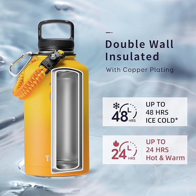 Trebo Half Gallon Water Bottle with Paracord Handle 64oz Wide Mouth Insulated Double Wall Stainless Steel Large Sports Flask Keep Hot 24 Hours & Cold 48 Hours Water Jug with 3 Lids, Orange