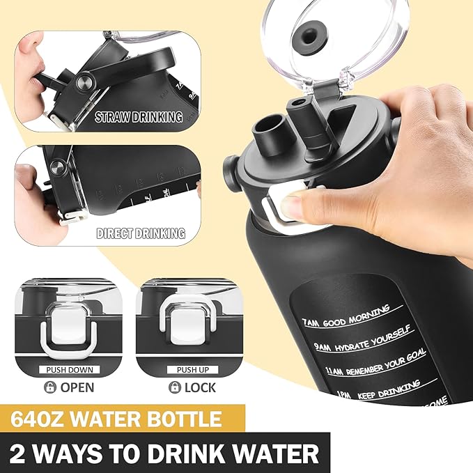 BLUEGO 64oz Insulated Water Bottle with Straw and Handle Leakproof Half Gallon Wide Mouth Motivational Water Bottle, 2-IN-1 Straw Spout Lid Stainless Steel Water Jug for Sport Travel Gym-Black