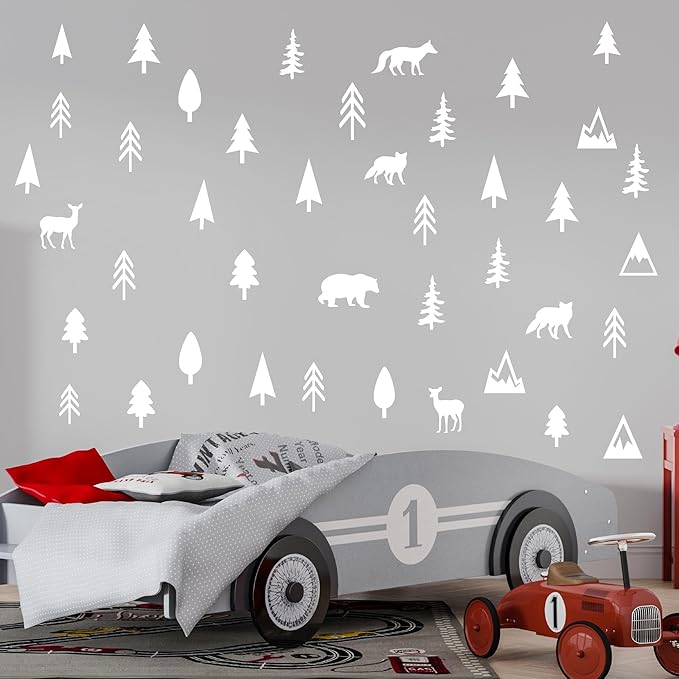 Woodland Animal Wall Decals Vinyl Pine Tree Wall Stickers Forest Animal Wall Stickers Mountain Small Tree Animals Deer Bear Wolf Woodland Wall Decals for Nursery Bedroom Kids Room Decor