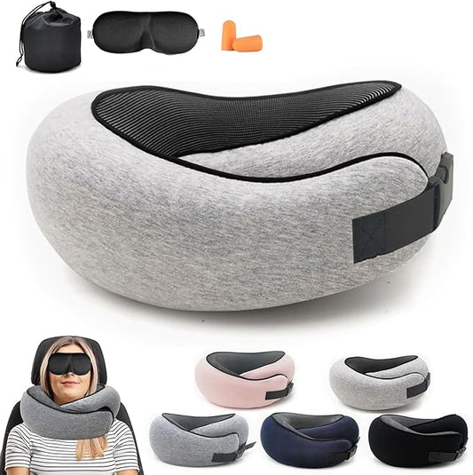2024 Memory Foam Neck Pillow 360 Degree Neck Support Travel Pillows for Airplanes and Long Flight Travel Neck Pillow (Grey-with Strap)