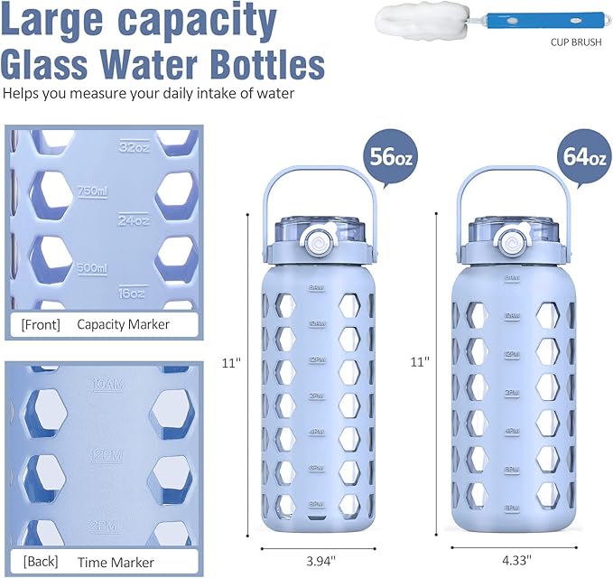 MUKOKO Half Gallon/64 oz Glass Water Bottles with Straw and Lid,Motivational Water Jug with Time Marker Reminder and Silicone Sleeve,100% Leakproof BPA Free Fitness Sports Large Bottle-Light Blue