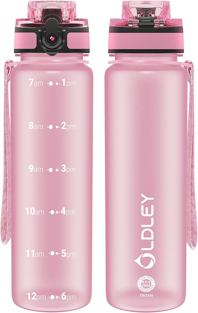 OLDLEY 32 oz Water Bottle, Motivational Water Bottle with Time Marker, Sports Water Bottle With Strap, Leakproof & BPA Free Large Water Bottles for School, Gym, Travel, Outdoor, Tritan,Pink