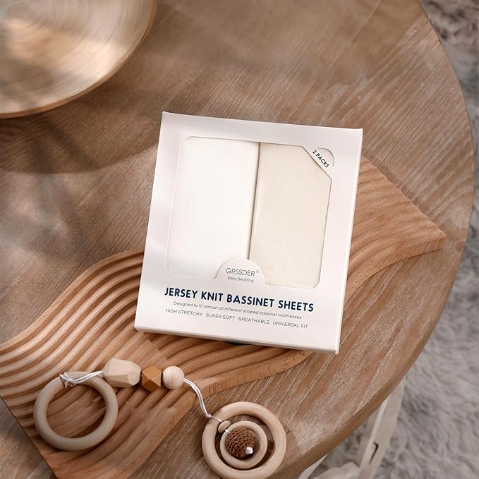 GRSSDER Stretchy Ultra Soft Fitted Bassinet Sheet 2 Pack, Universal Fit for Bassinets Baby Cradle Moses Basket Oval Rectangle Mattress Safe and Snug, Jersey Bassinet Sheets for Girls, Cream/White