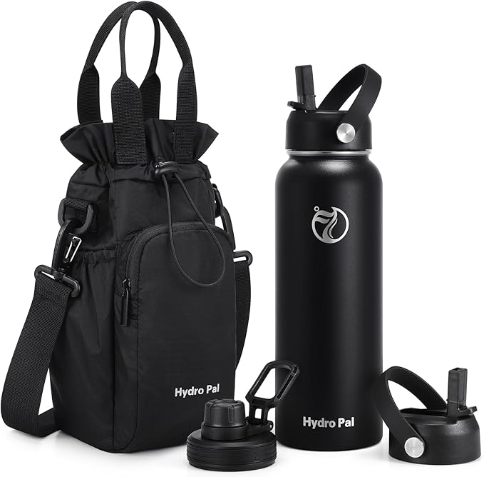 Insulated Water Bottles 40 oz with 2 Leak Proof Lids & Water Bottle Holder, Wide Mouth Sport Water Bottle with Straw, Reusable Stainless Steel Water Flask, Double Walled Vacuum Thermos