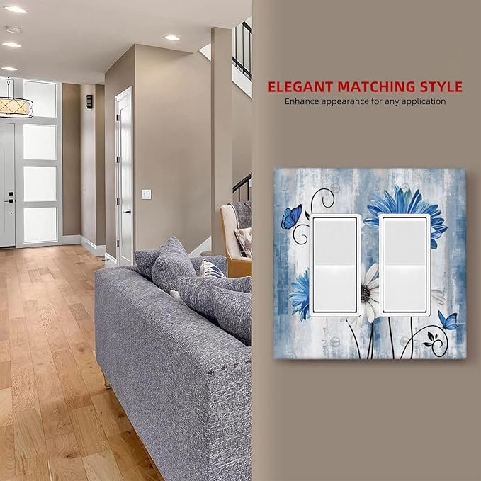 Rustic Teal Blue Daisy Floral 2 Gang Rocker Decora Light Switch Covers Dual Outlet Covers Wall Plate Decorative Switchplate Electrical Faceplate GFCI for Country Bathroom Bedroom Kitchen Decor