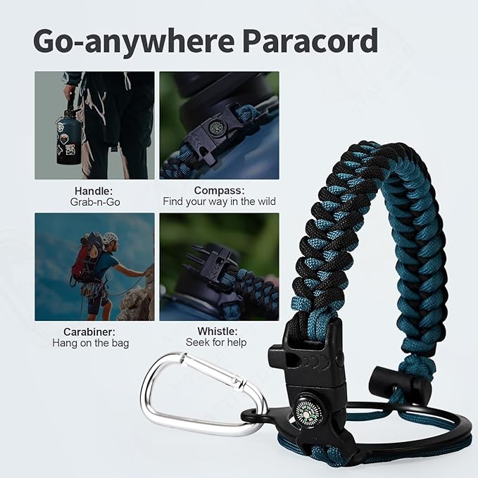 One Gallon Water Bottle Insulated with DIY Stickers, Triple Wall Vacuum Cold for 48 Hrs Leak-proof Non-BPA, 128oz Large Sports Stainless Steel Water Jug with Paracord Handle Straw Spout Lids