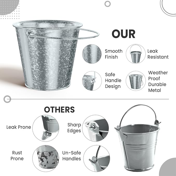 Small Metal Buckets with Handle 6 Pcs – Galvanized Bucket Leak Proof & Rust Resistant 20 fl oz Capacity - Best for Party Décor, Organizing & Decorating Classrooms (Silver, Small 4.3" Top)