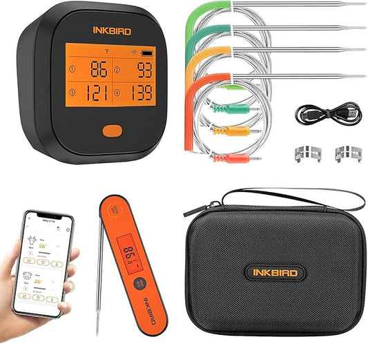 Inkbird WiFi Grill Thermometer IBBQ-4T & Instant Read Thermometer IHT-1P & Carrying Case, Meat Thermometer for Oven, Smoker, Cooking with Alarm Timer Graph, Rechargeable 4 Colorful Probes