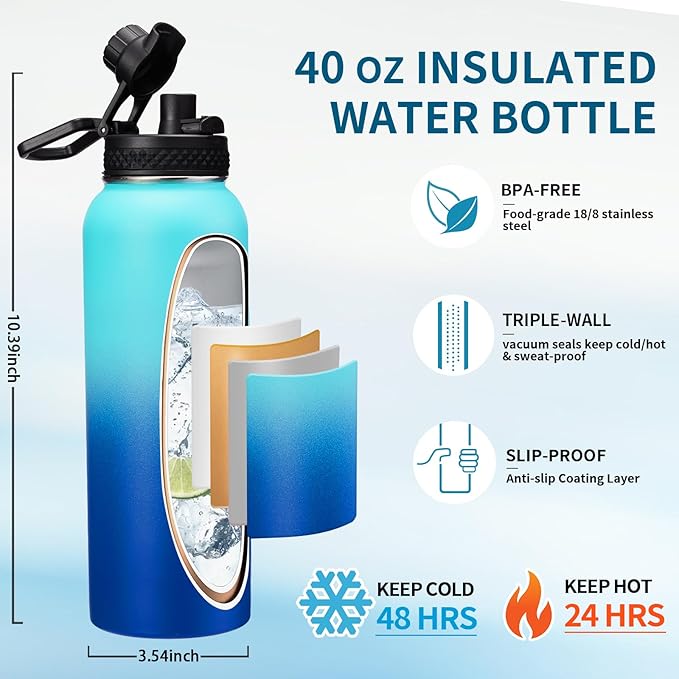 Metal Water Bottle 40oz - Stainless Steel Water Bottles with Straw Spout Lid, Sleeve Carry Strap, Vacuum Insulated, Leak Proof, BPA Free Water Jug, Modern Reusable Waterbottle Gym Biking Camping