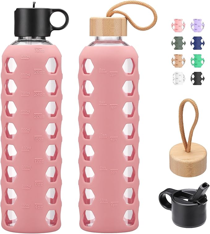 MUKOKO Glass Water Bottles, 32oz Glass Tumbler, Drinking Bottles with 2 Lids-Handle Flip Straw Lid&Bamboo Lid, Motivational Water Bottle with Time Marker and Silicone Sleeve, Leakproof-1 Pack-Pink