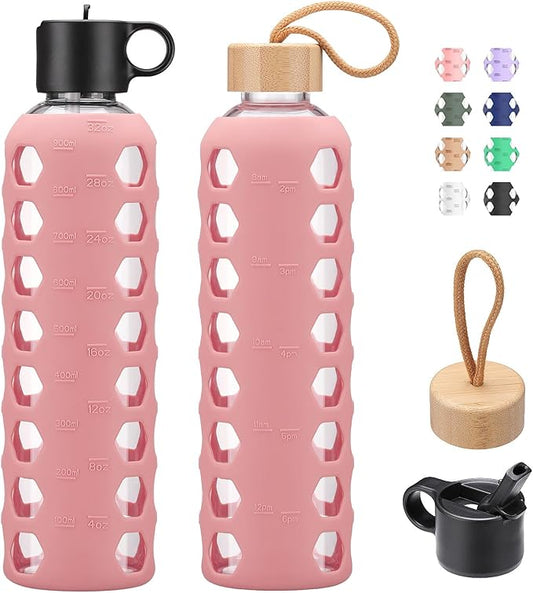 MUKOKO Glass Water Bottles, 32oz Glass Tumbler, Drinking Bottles with 2 Lids-Handle Flip Straw Lid&Bamboo Lid, Motivational Water Bottle with Time Marker and Silicone Sleeve, Leakproof-1 Pack-Pink