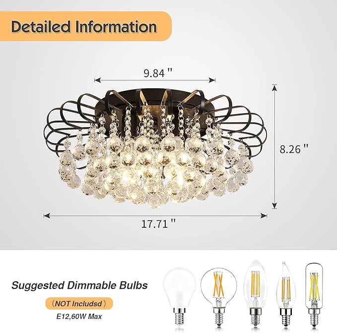 CVKASH Crystal Floral Chandelier 4-Light Antique Modern Black Flush Mount Raindrop Crystal Ceiling Lighting Fixture Chandelier for Living Room Bedroom Dining Room Entryway D17.71 H8.26