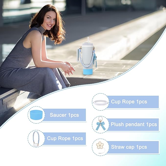 Stanley Cup Accessories Set- Water Bottle Handle Strap, Stanley Cup Protective Silicone Boot, Bow Design Stanley Charms for Stanley Cup 40oz /30 oz Tumbler (blue)