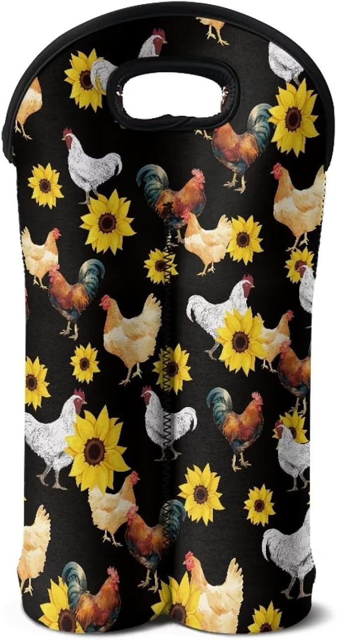 doginthehole Chicken Wine Bag Neoprene Wine Tote Insulated Bag Two Bottle Wine Carrier Sunflower Rooster Wine Bottle Covers Protector Sleeve Reusable Wine Bottle Holder Champagne Beer Bags for Travel