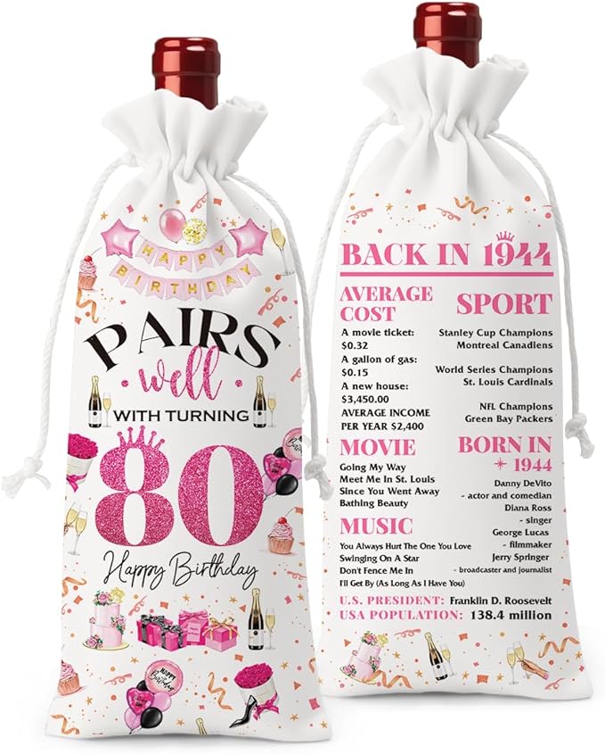 80th Birthday Gifts for Women Men Wine Bag, Birthday Gifts for 80 Year Olds Woman, Happy 80th Birthday Party Decorations for Women Men, Pairs Well with Turning 80 Wine Bags (White Pink)