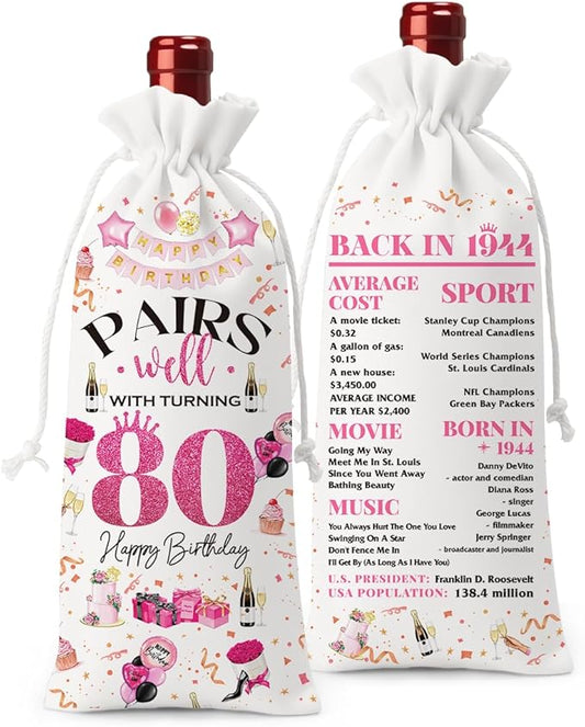 80th Birthday Gifts for Women Men Wine Bag, Birthday Gifts for 80 Year Olds Woman, Happy 80th Birthday Party Decorations for Women Men, Pairs Well with Turning 80 Wine Bags (White Pink)