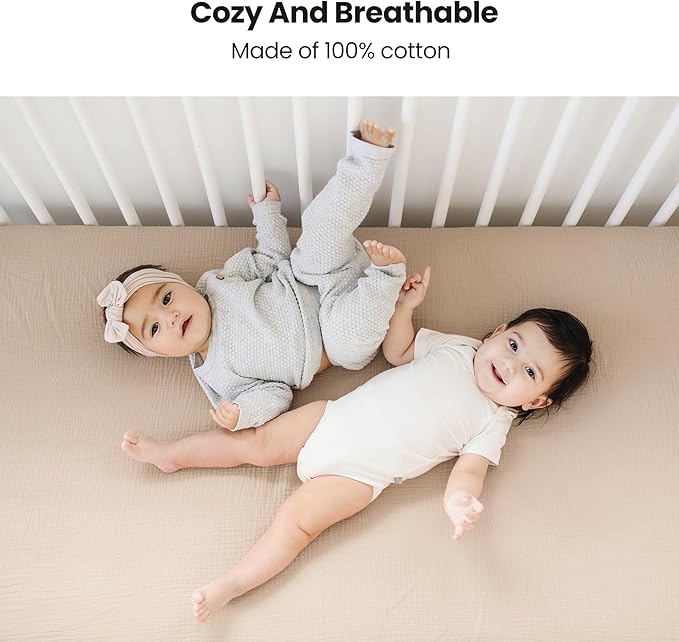 Konssy Muslin Fitted Crib Sheets 100% Cotton Baby Crib Sheets for Standard Crib Mattress (28 X 52 Inches), Soft and Breathable for Boys Girls (Wheat)