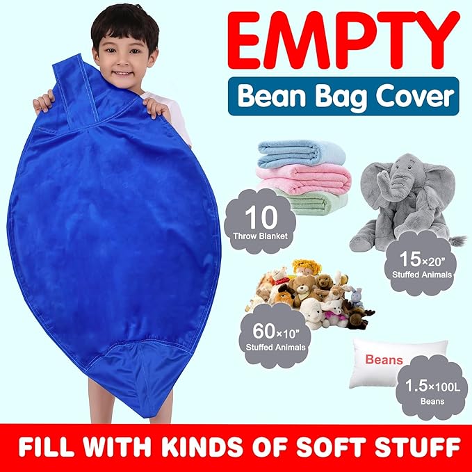 Lukeight Stuffed Animal Storage Bean Bag Chair Cover for Kids, Zipper Beanbag Chair Cover for Organizing Toddler and Kids' Rooms Plush Toys (Solid Blue, Large)