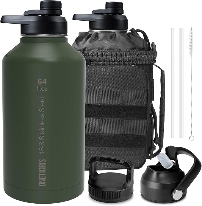 OneTigris Tactical Half Gallon Water Bottle with Straw - 64 oz Vacuum Insulated Stainless Steel Water Jug, Leakproof Sport Bottle with 3 BPA Free Lids, Paracord Handle & MOLLE Water Pouch for Outdoor