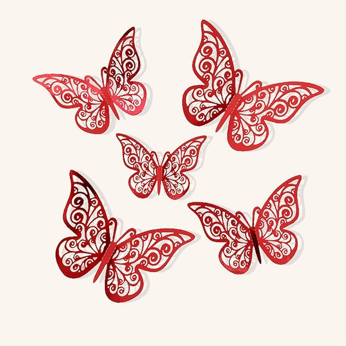 72Pcs 3D Butterfly Wall Decor 3 Sizes 3 Styles, Butterfly Decorations Party Birthday Cake Decoration, Removable Butterfly Wall Stickers for Kids Nursery Wedding Bedroom Room Decor(Red)