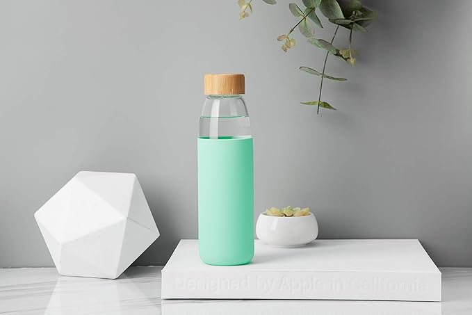veegoal Glass Water Bottles 18 Oz Borosilicate with Bamboo Lid, BPA-FREE, Non-Slip Silicone Sleeve, and Stainless Steel Leak Proof Lid - Glass Water Bottle for Men and Women