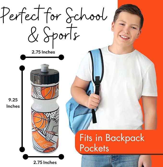 50 Strong Kids Water Bottle | 22 oz. BPA- Free Sports Squeeze Water Bottles with Pull Top Cap |Perfect Water Bottle for School | Reusable & Durable for Boys & Girls | Made in USA (Basketball Star)