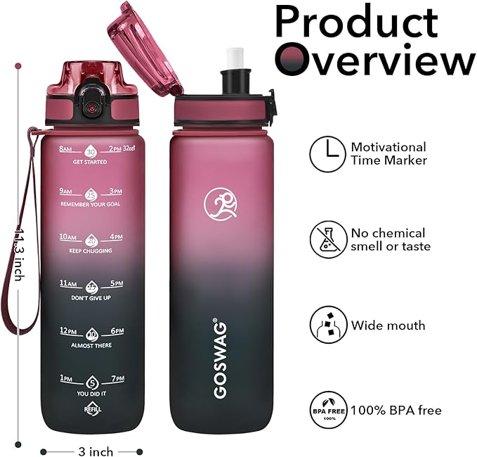 GOSWAG Water Bottles, 32 oz Motivational Sports Water Bottle with Straw and Time Marker to Remind You to Drink, Comes with Carry Strap, Leakproof