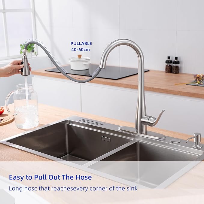 Kitchen Faucet with Soap Dispenser and Pull Down Sprayer - Stainless Steel Single Handle Kitchen Sink Faucet, 1 or 3 Hole Design for Modern Farmhouse Kitchens, Rv, and Bar Sinks(Brushed Nickel)