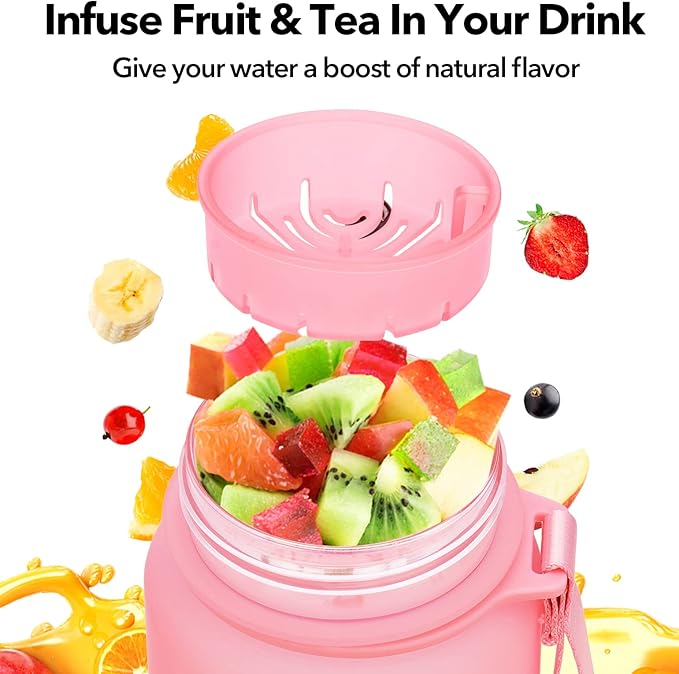 32oz Motivational Water Bottle with Time Marker & Fruit Strainer, Leak-proof BPA Free Non-Toxic Bottle with Carrying Strap, Perfect for Fitness, Gym and Outdoor Sports