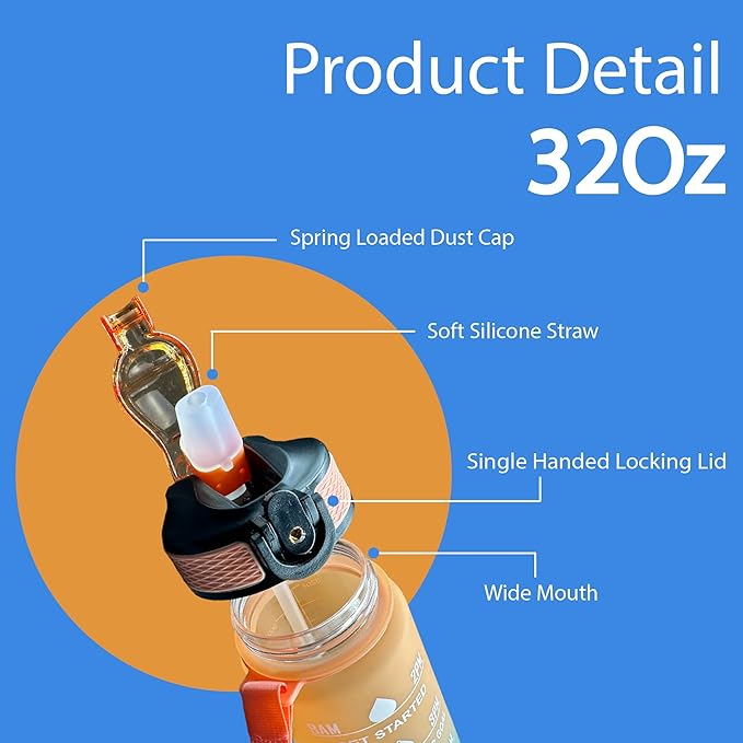 Yaa Fresh Water Bottles, 32oz Motivational Sports Water Bottle with Time Marker - Times to Drink - Tritan, BPA Free, Wide Mouth Leakproof, Fast Flow Technology with Clean Brush (1 Pack) (Blue-Orange)
