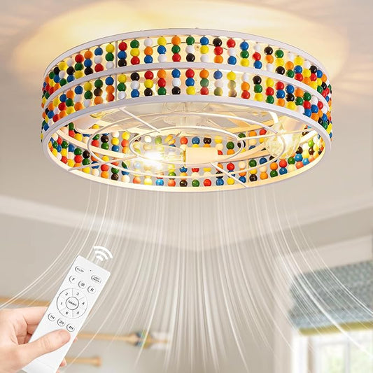 Moooni Colorful Wood Beaded Ceiling Fan with Light 19 inch Boho Wood Beaded Fandelier 6 Speed Flush Mount Ceiling Fan with Light Boho Fandelier