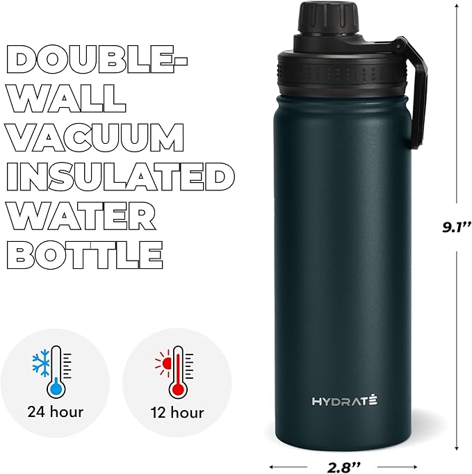 HYDRATE Insulated Stainless Steel Water Bottle - Large Reusable Flask with Leak-Proof Design and Convenient Handle - Double Vacuum Insulation for School, Work, or Adventure