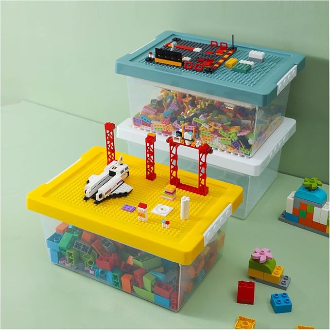 loobuu Plastic Storage Bins with Lids - 3 Set Stackable Arts Crafts Organizer Box with Removable Divided Tray & Compatible Building Baseplate, Toy Chest Containers for Bricks (14.37"x9.64"x6.69")