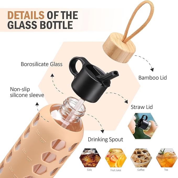 MUKOKO Glass Water Bottles, 32oz Glass Tumbler, Drinking Bottles with 2 Lids-Handle Flip Straw Lid&Bamboo Lid, Motivational Water Bottle with Time Marker and Silicone Sleeve, Leakproof-1 Pack-Amber