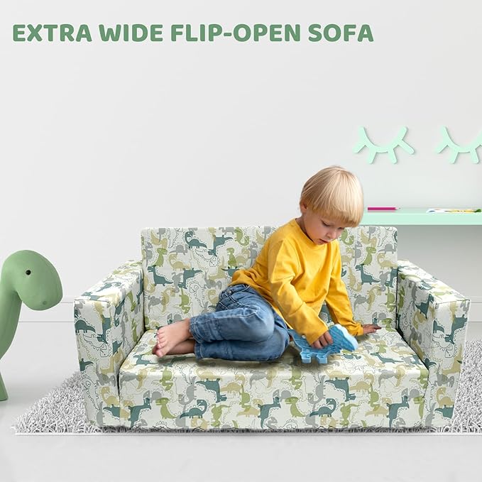 Kids Sofa, Children's Extra Wide Convertible Sofa to Lounger - Extra Soft 2 Seats 2 in 1 Flip Open Chair & Sleeper, Cute Dinosaur Print Toddler Chair Kids Couch for Kids Girls Boys