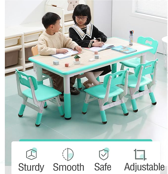 Kids Table and 6 Chair Set - Height Adjustable, Multifunctional Desk, Ergonomically Designed Chairs, Max 300lbs, for Ages 2-10, Classroom, Daycares, Home