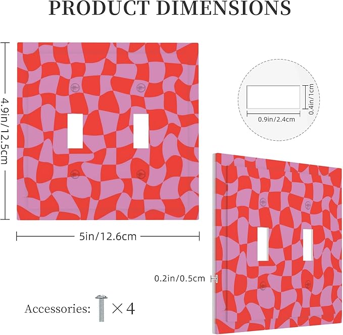 Groovy Check Double Toggle Light Switch Covers 2 Gang Wall Plate Dual Decorative Switchplate Electrical Faceplate for Bathroom Country Kitchen Bedroom Decor, 4.9" x 5"