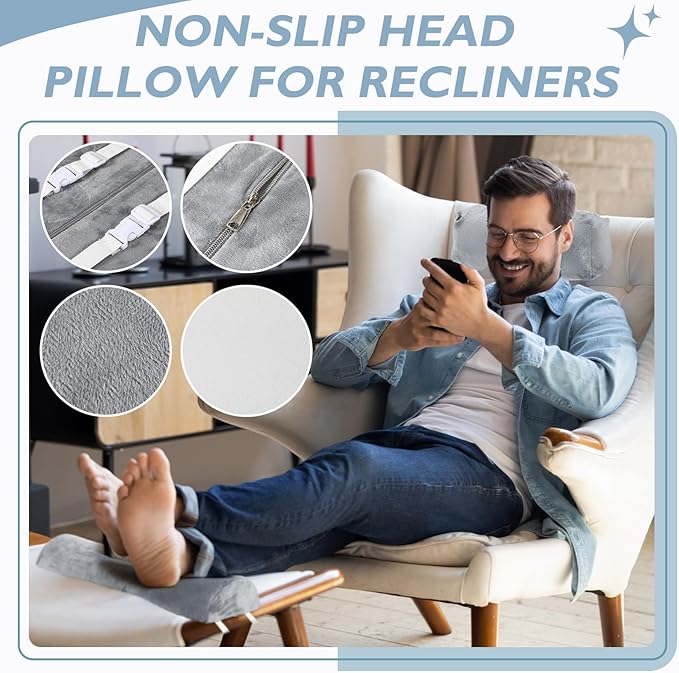 Yalikop 2 Pcs Non Slip Recliner Head Pillow Half Moon Bolster Pillow Set Neck Pillow for Office Chair Foot Pillow for Head Ankle Lumbar Support Leg Elevation Sleeping, Sofas and Loveseats (Grey)