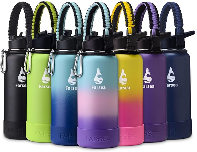 Farsea Insulated Water Bottle With Paracord Handle, Protective Boot and 2 Lids (Straw Lid & Spout Lid), Stainless Steel Water Bottle Wide Mouth, Double Wall Sweat-Proof BPA-Free, 32 oz