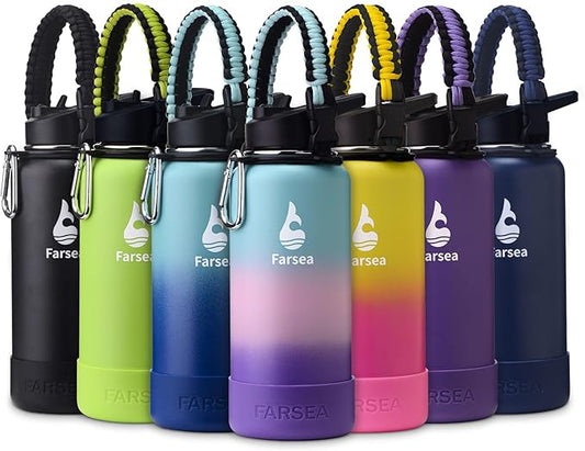 Farsea Insulated Water Bottle With Paracord Handle, Protective Boot and 2 Lids (Straw Lid & Spout Lid), Stainless Steel Water Bottle Wide Mouth, Double Wall Sweat-Proof BPA-Free, 32 oz